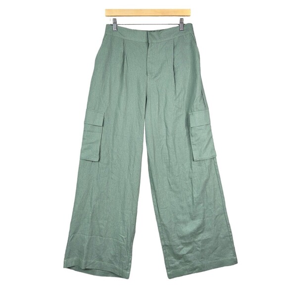 7 For All Mankind Cargo Pants Green Linen Blend Wide Leg High Rise Women’s M NWT - Picture 2 of 16